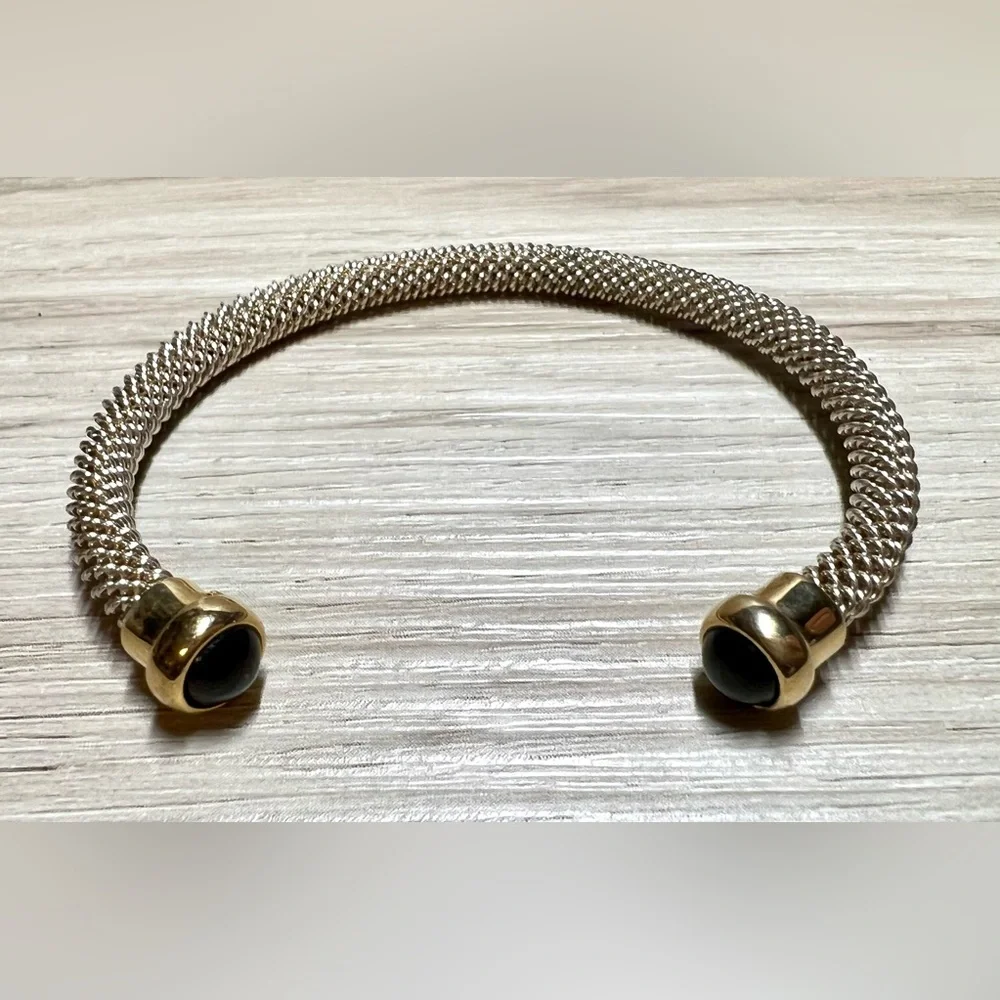 Vintage Designer Sterling Silver & Gold Onyx Cabochon Tip Cuff Bracelet, 7" - Picture 3 of 10